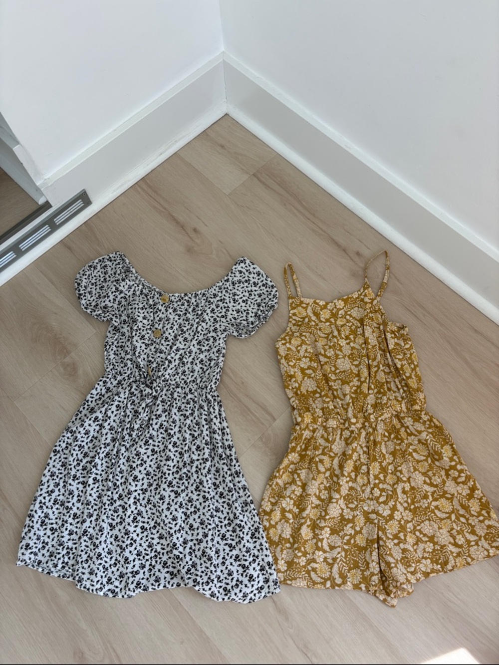 Floral Puff Sleeve Dress & Mustard Floral Romper Set